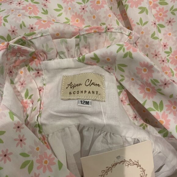 Aspen claire & Company Floral Smocked Dress White Pink Green Size 12 Months New - Picture 2 of 7
